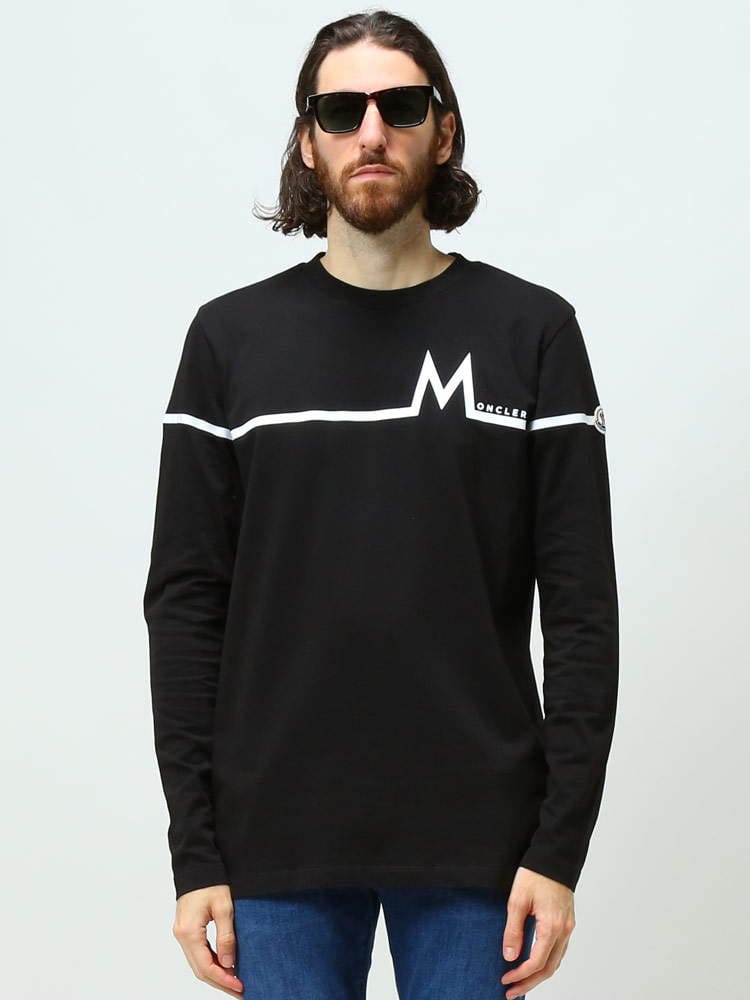 モンクレール メンズ Tシャツ 長袖 MONCLER ブランド トップス ロンT Mモチーフ クルーネック ライン ワッペン 綿100％ コットン 黒 クロ 白 シロ 大きいサイズ MC8D000038390T