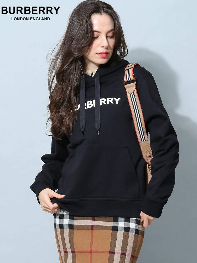 バーバリー レディース パーカー BURBERRY ブランド フーディー トップス プルオーバー 長袖 スウェット ロゴプリント ロゴ プリント 8054386 オーガニックコットン コットン 綿100% レギュラーフィット 黒 BBL8054386