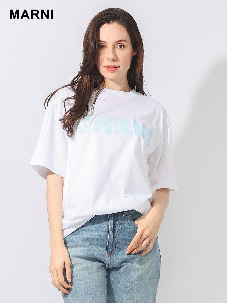 MARNI (マルニ) コットン100％ フロントBIGロゴ クルーネック 半袖 Ｔシャツ ボクシーフィット MALTHJET49EPH ブランド レディース トップス