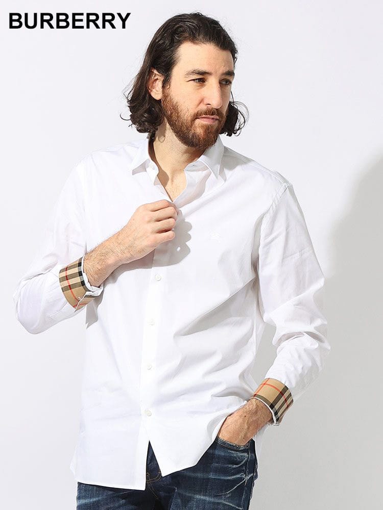 BURBERRY (バーバリー) 襟裏チェック 胸ロゴ刺繍 レギュラーカラー 長袖 シャツ BBSHERFIELD ブランド メンズ 男性 トップス