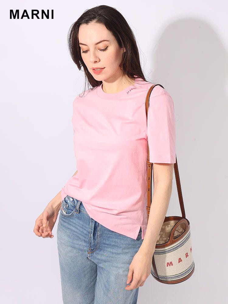 MARNI (マルニ) コットン100％ ネックロゴ刺繍 クルーネック 半袖 Ｔシャツ ルーズシルエット MALTHJE0211X2 ブランド レディース トップス