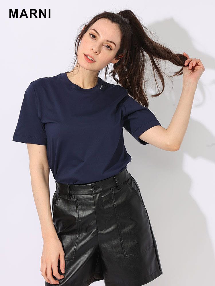 MARNI (マルニ) コットン100％ ネックロゴ刺繍 クルーネック 半袖 Ｔシャツ ルーズシルエット MALTHJE0211X2 ブランド レディース トップス