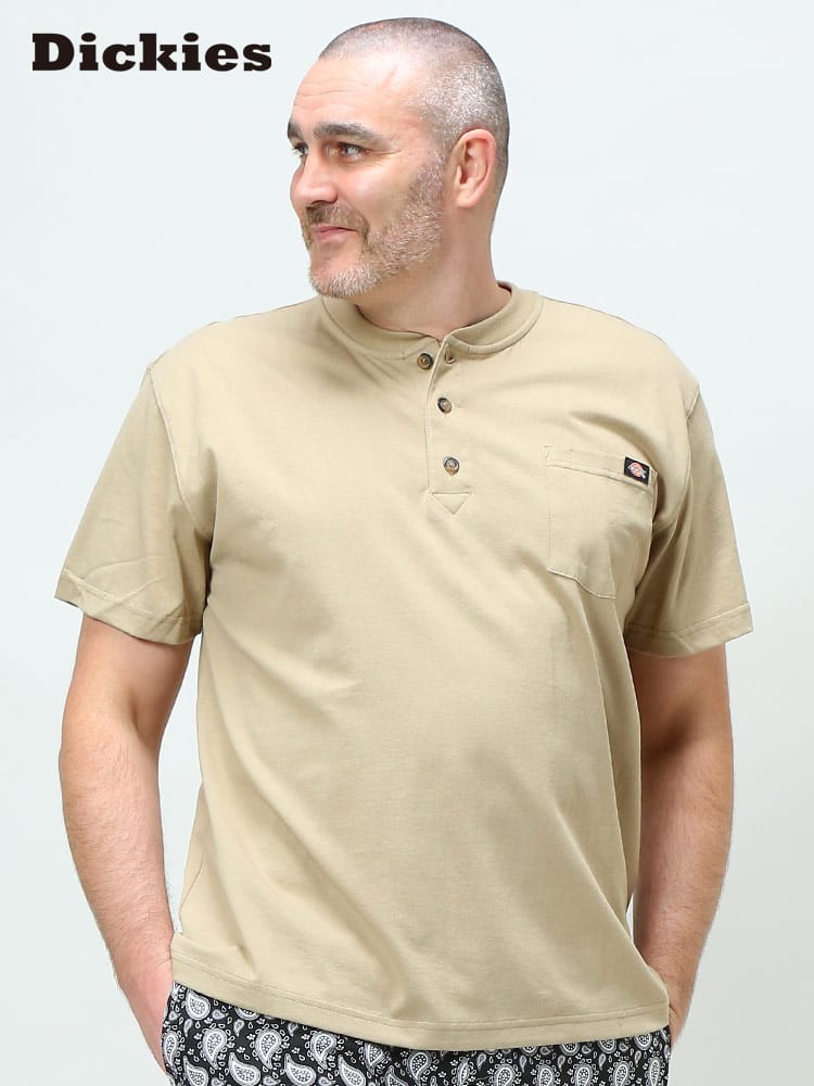 大きいサイズ メンズ Dickies (ディッキーズ) 綿100％ ポケット ヘンリーネック 半袖 Tシャツ