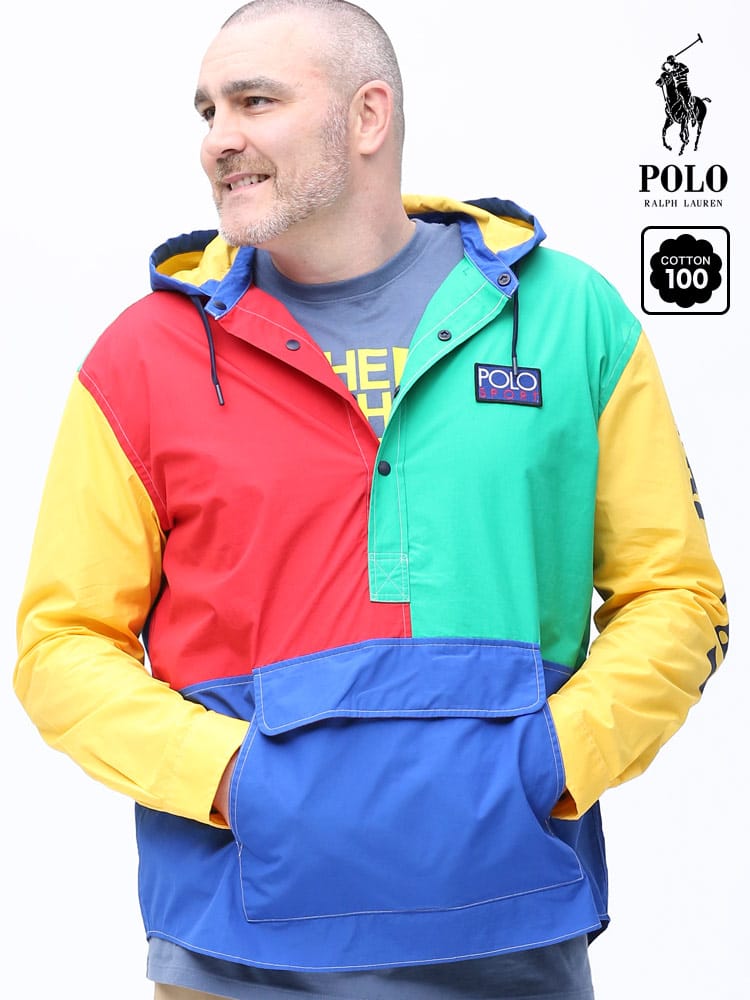 大きいサイズ メンズ POLO RALPH LAUREN (ポロ ラルフローレン) 綿100％ 配色切り替え フード アノラックパーカー