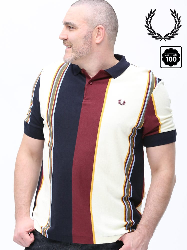 大きいサイズ メンズ FRED PERRY (フレッドペリー) マルチストライプ ワンポイント 半袖 ポロシャツ