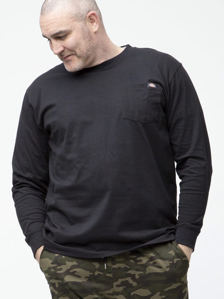 大きいサイズ メンズ Dickies (ディッキーズ) ワンポイント ポケット クルーネック 長袖 Tシャツ ロンT
