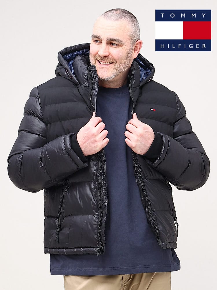 在庫処分 返品交換不可 大きいサイズ メンズ TOMMY HILFIGER (トミーヒルフィガー) 防風 フーディー 切り替え フルジップ 中綿 ジャケット