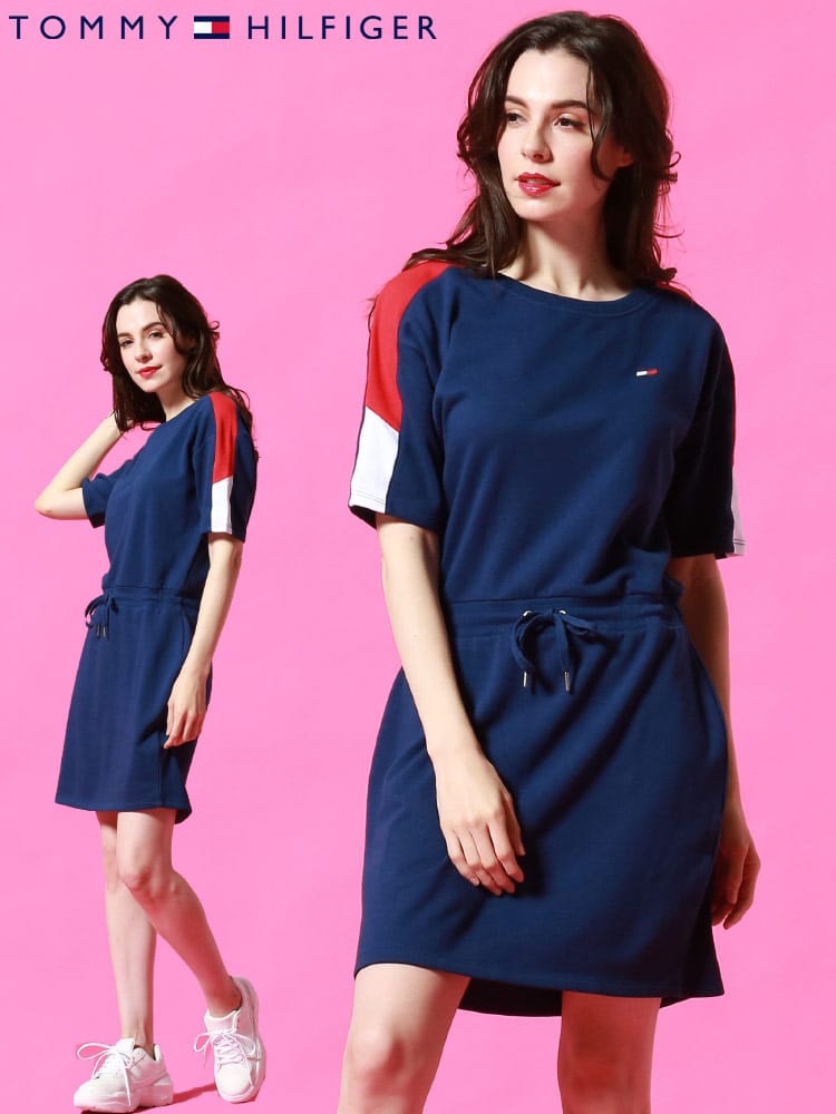 TOMMY HILFIGER (トミー ヒルフィガー) 切り替え ウエストコード クルーネック スウェット 半袖 ワンピース TMLTP18287Z