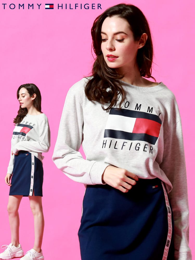 TOMMY HILFIGER (トミー ヒルフィガー) ロゴ 刺繍 フラッグプリント クルーネック トレーナー TMLTP10693T レディース ロゴ