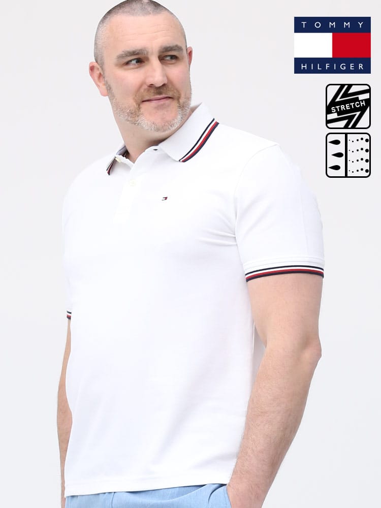 大きいサイズ メンズ TOMMY HILFIGER (トミーヒルフィガー) ドライ ストレッチ ライン ワンポイント 半袖 ポロシャツ