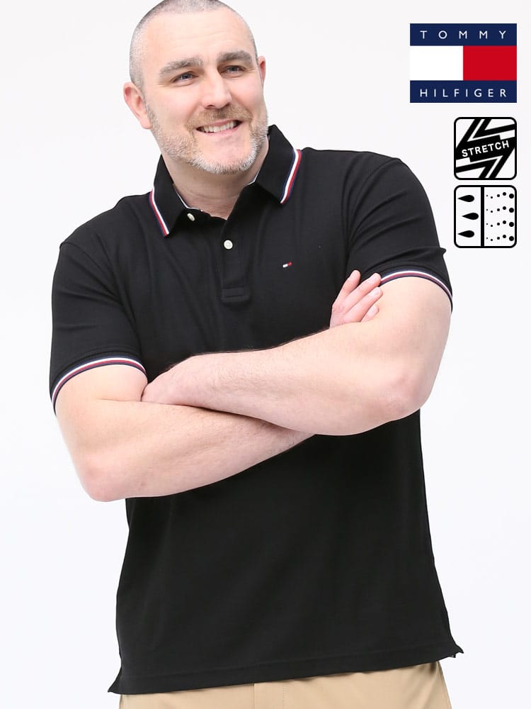大きいサイズ メンズ TOMMY HILFIGER (トミーヒルフィガー) ドライ ストレッチ ライン ワンポイント 半袖 ポロシャツ