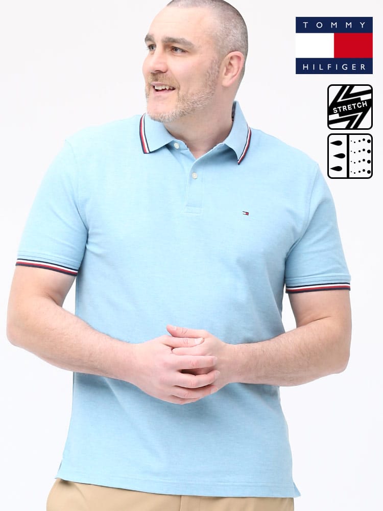 大きいサイズ メンズ TOMMY HILFIGER (トミーヒルフィガー) ドライ ストレッチ ライン ワンポイント 半袖 ポロシャツ