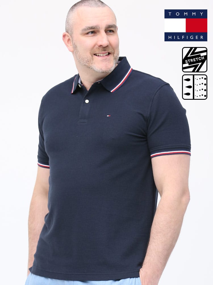 大きいサイズ メンズ TOMMY HILFIGER (トミーヒルフィガー) ドライ ストレッチ ライン ワンポイント 半袖 ポロシャツ