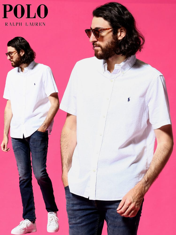 POLO RALPH LAUREN (ポロ ラルフローレン) シアサッカー ワンポイント ボタンダウン 半袖 シャツ RL710796727006