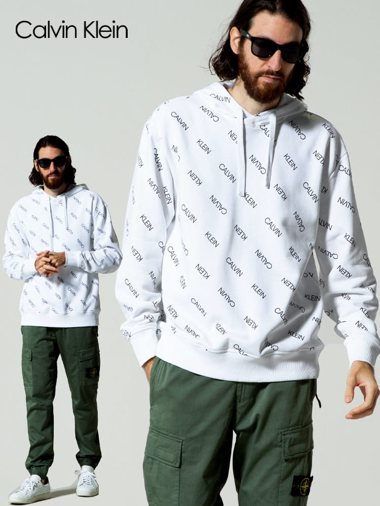 Calvin Klein (カルバンクライン) 裏起毛 総ロゴプリント プルオーバー パーカー CK41VC214 メンズ スウェット