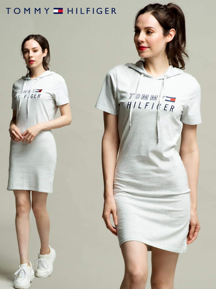 TOMMY HILFIGER トミー ヒルフィガー フード ロゴ 刺繍 カット ワンピース パーカー 半袖 Tシャツ ブ【サカゼン公式通販】