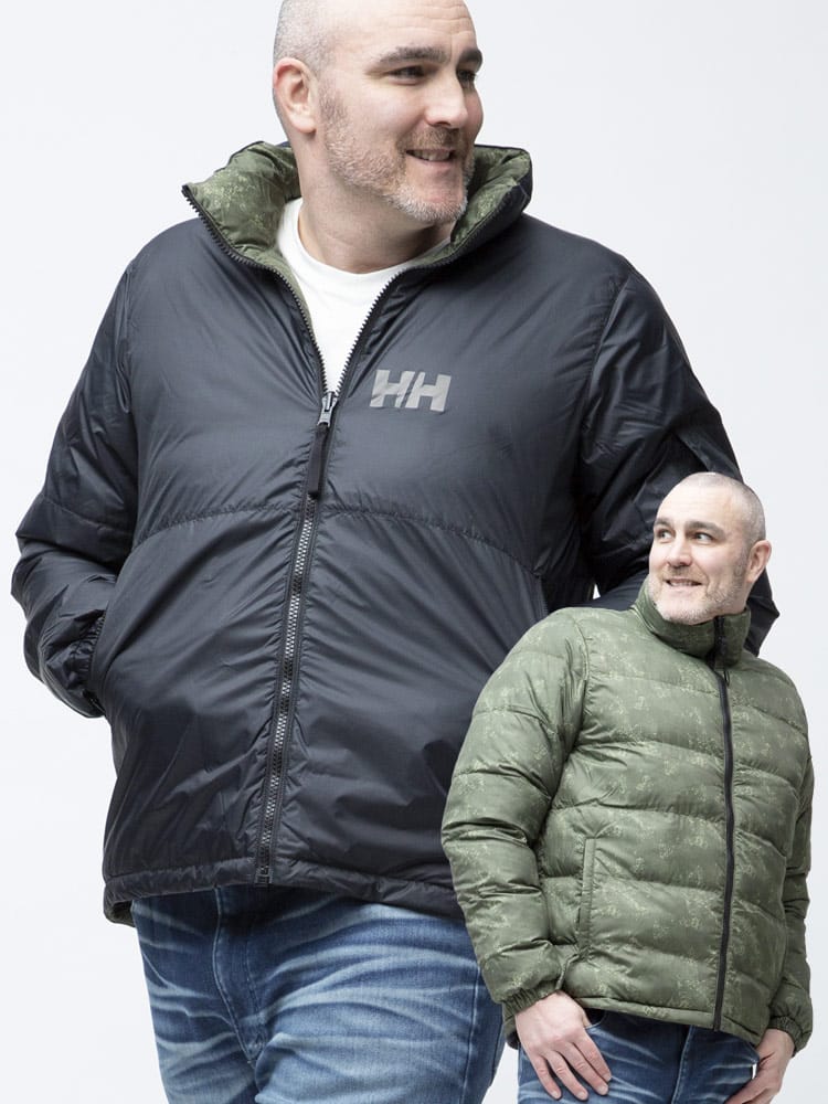大きいサイズ メンズ HELLY HANSEN (ヘリーハンセン) リバーシブル 無地×総柄 フルジップ スタンド 中綿 ジャケット