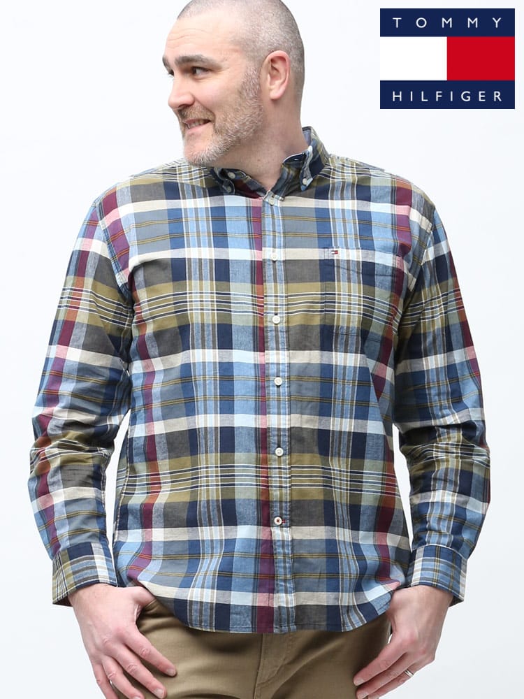 大きいサイズ メンズ TOMMY HILFIGER (トミーヒルフィガー) 綿100％ チェック柄 ボタンダウン 長袖 シャツ JARVIS PLAID LS CLF KHAKI