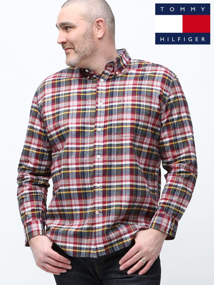 大きいサイズ メンズ TOMMY HILFIGER (トミーヒルフィガー) 綿100％ チェック柄 ボタンダウン 長袖 シャツ JARVIS PLAID LS CLF NAVY