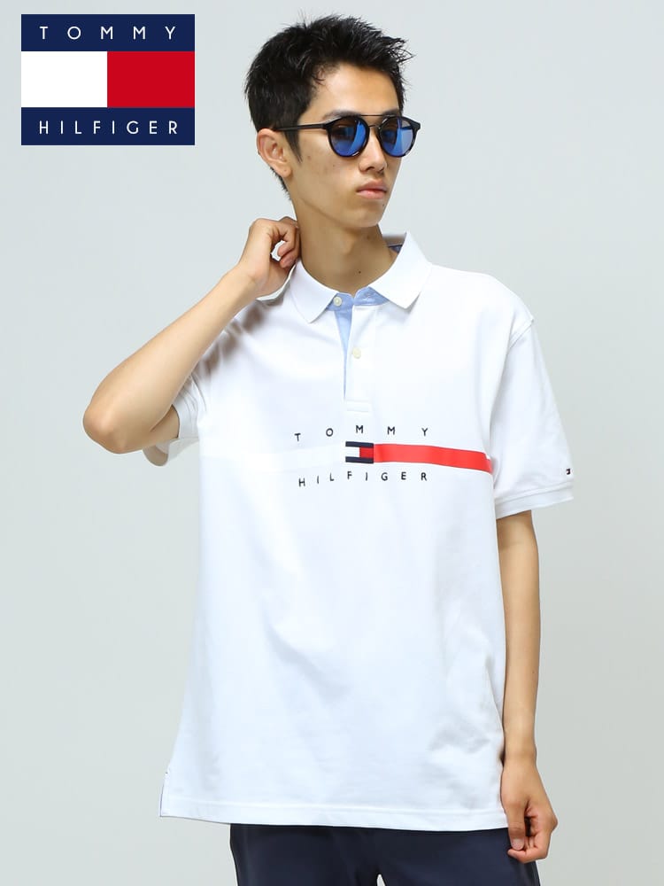 TOMMY HILFIGER (トミーヒルフィガー) ロゴ刺繍 ライン 半袖 ポロシャツ