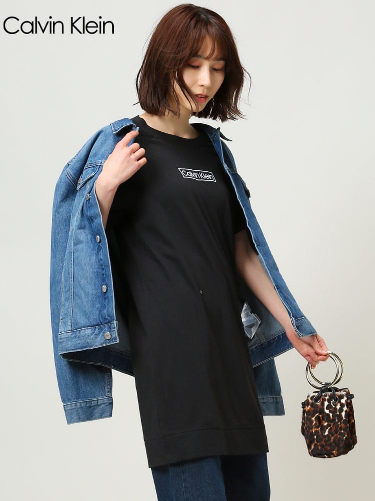 Calvin Klein (カルバンクライン) BOXロゴ刺繍 クルーネック 半袖 ロング丈 Tシャツ ワンピース CKLQS6800 レディース ロゴ ブランド