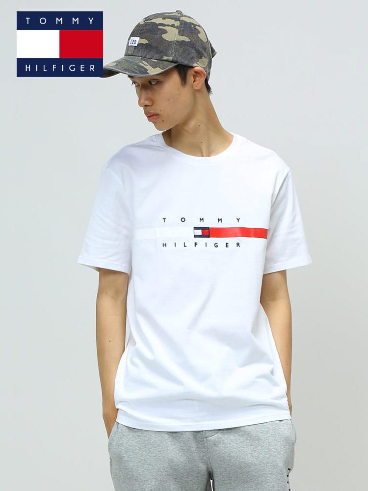 TOMMY HILFIGER (トミーヒルフィガー) ラインロゴ クルーネック 半袖 Tシャツ FLAG STRIPE TEE