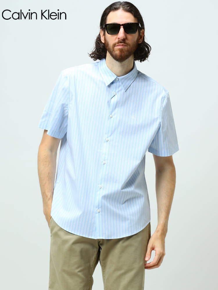 カルバンクライン メンズ シャツ 半袖 Calvin Klein ブランド トップス 半袖シャツ カジュアルシャツ ストライプシャツ ストレッチ ストライプ 春 夏 白 サックス 大きいサイズ CK40HM125