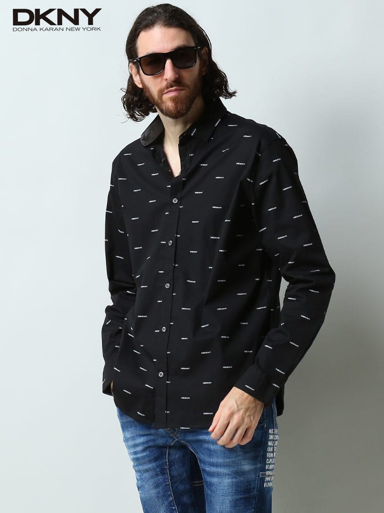 ダナキャランニューヨーク メンズ シャツ DKNY ブランド トップス 長袖シャツ カジュアルシャツ 長袖 ストレッチ 総ロゴ ロゴ プリント 柄シャツ 総柄 総ロゴ 黒 クロ 大きいサイズ DKDK12LW545