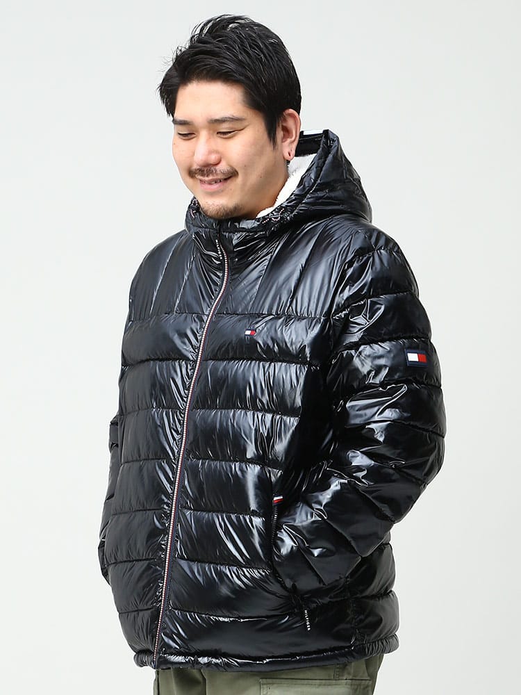 大きいサイズ メンズ TOMMY HILFIGER (トミーヒルフィガー) フード裏ボア フルジップ 中綿 ジャケット PEARLIZED NYLON PUFFER JACKET