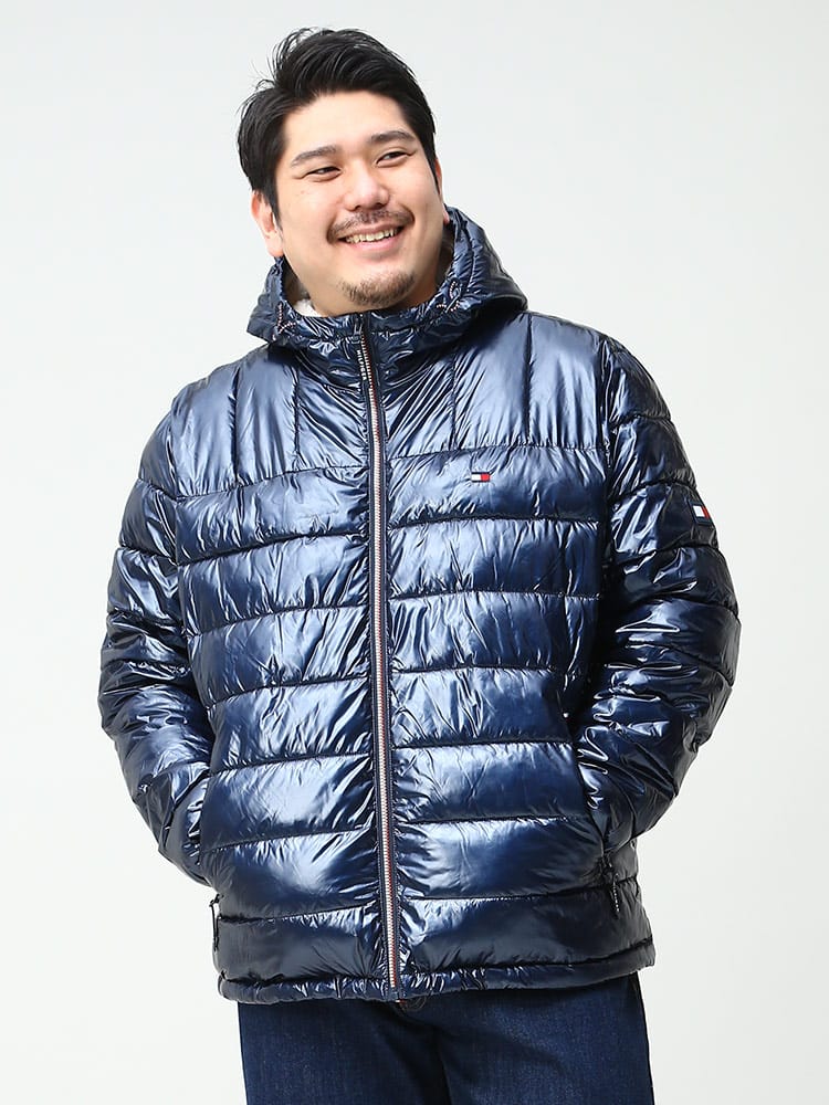 大きいサイズ メンズ TOMMY HILFIGER (トミーヒルフィガー) フード裏ボア フルジップ 中綿 ジャケット PEARLIZED NYLON PUFFER JACKET