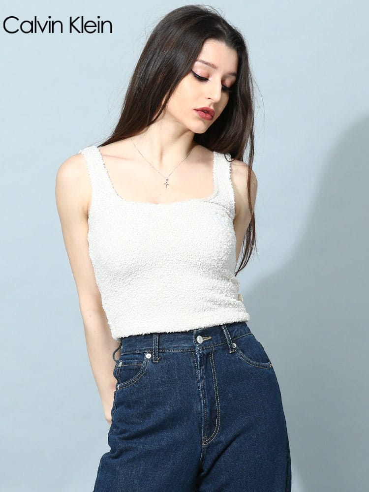 【オンラインストア限定】 カルバンクライン レディース タンクトップ もこもこ Calvin Klein ブランド ノースリーブ トップス パイル ロゴ 刺繍 ショート丈 クロップド丈 CKLQS6721