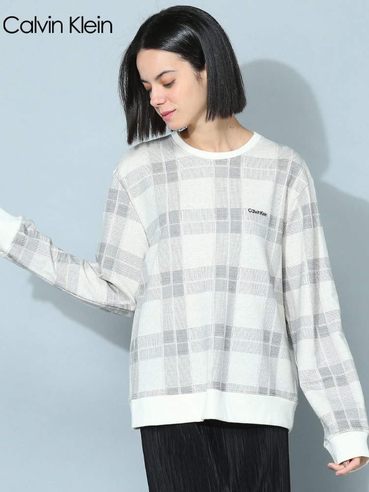 【オンラインストア限定】 カルバンクライン レディース トレーナー Calvin Klein ブランド スウェット トップス チェック クルーネック 長袖 裏起毛 CKLQS6953