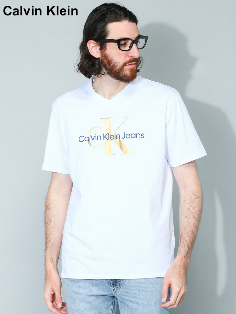 Calvin Klein (カルバンクライン) ロゴプリント Vネック 半袖 Tシャツ ...