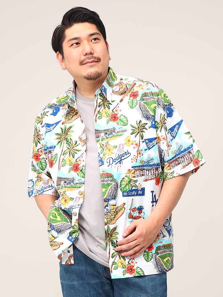 大きいサイズ メンズ Reyn Spooner (レインスプーナー) ロサンゼルス ドジャース 総柄 半袖 シャツ