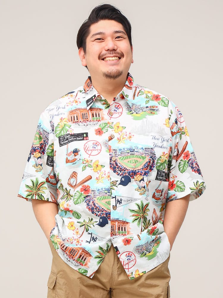 大きいサイズ メンズ Reyn Spooner (レインスプーナー) ニューヨーク ヤンキース 総柄 半袖 シャツ
