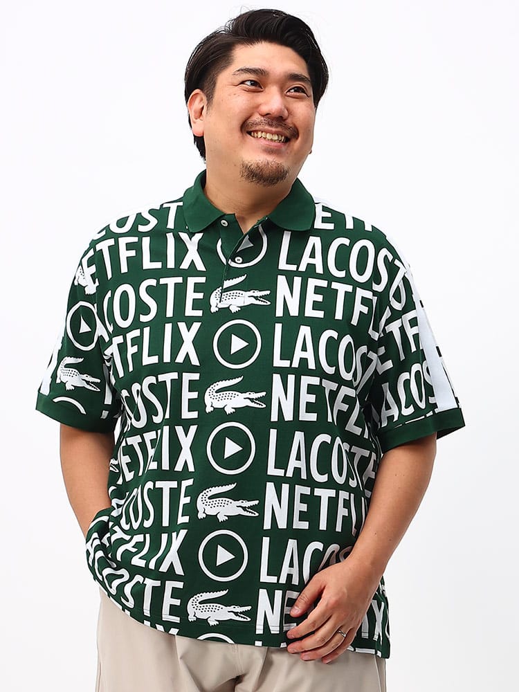 大きいサイズ メンズ LACOSTE (ラコステ) LACOSTE×NETFLIX 総柄プリント 半袖 ポロシャツ