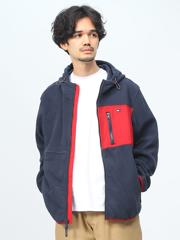 TOMMY HILFIGER (トミーヒルフィガー) ワンポイント フルジップ フリース ジャケット MIXED MEDIA FLEECE HOODY