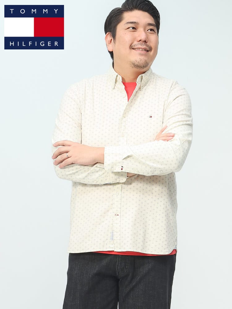 在庫処分 返品交換不可 TOMMY HILFIGER トミーヒルフィガー ストレッチ 総柄 ボタンダウン 長袖 シャツ ブランド 大きいサイズ メンズ