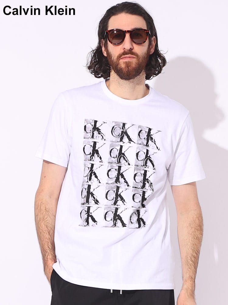 Calvin Klein (カルバンクライン) 綿100％ リピート ロゴ プリント クルーネック 半袖 Tシャツ CK40QM871 ブランド メンズ 男性 トップス