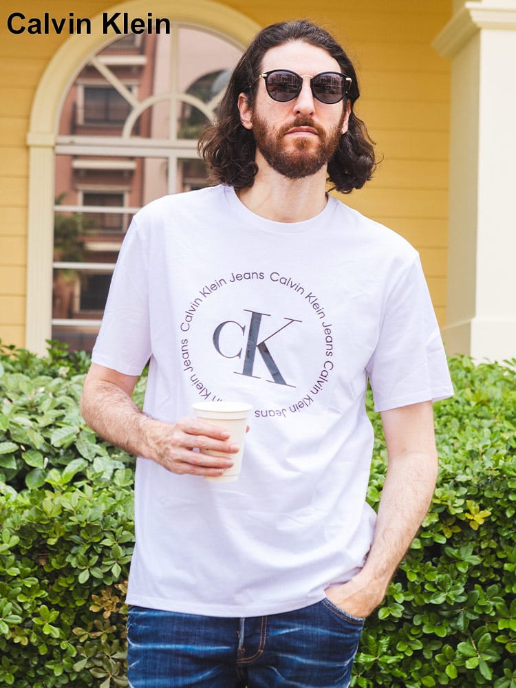 Calvin Klein (カルバンクライン) 綿100％ サークル ロゴ プリント クルーネック 半袖 Tシャツ CK40KC801 ブランド メンズ 男性 トップス