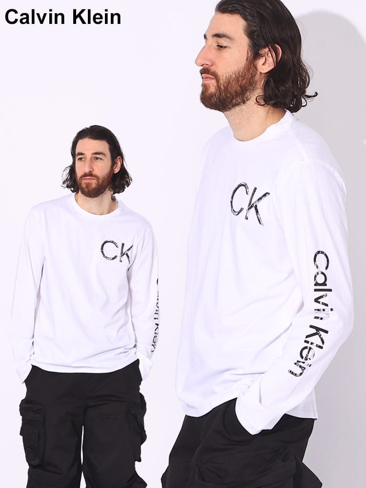 Calvin Klein (カルバンクライン) 綿100％ かすれ ロゴ プリント クルーネック 長袖 Tシャツ ロンT CK40QC827 ブランド メンズ 男性 トップス
