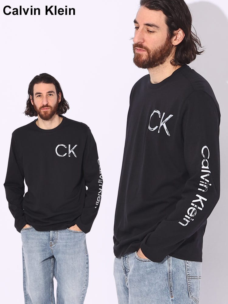 Calvin Klein (カルバンクライン) 綿100％ かすれ ロゴ プリント クルーネック 長袖 Tシャツ ロンT CK40QC827 ブランド メンズ 男性 トップス