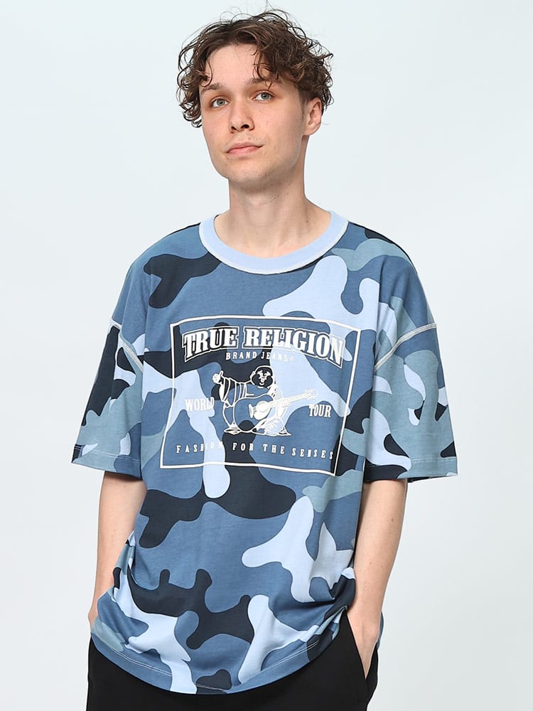 TRUE RELIGION (トゥルーレリジョン) カモフラ BOXロゴ ドロプショルダー クルーネック 半袖 Tシャツ