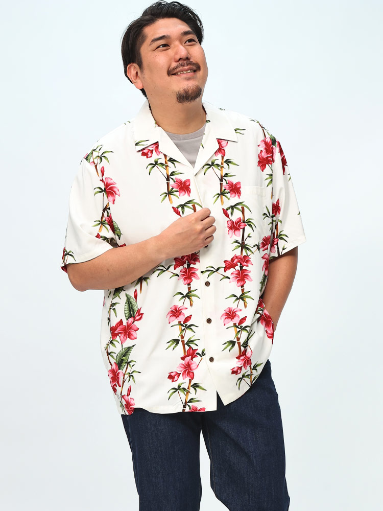 アロハシャツ MADE IN HAWAII レーヨン100％ プルメリア柄 オープンカラー トップス 大きいサイズ メンズ