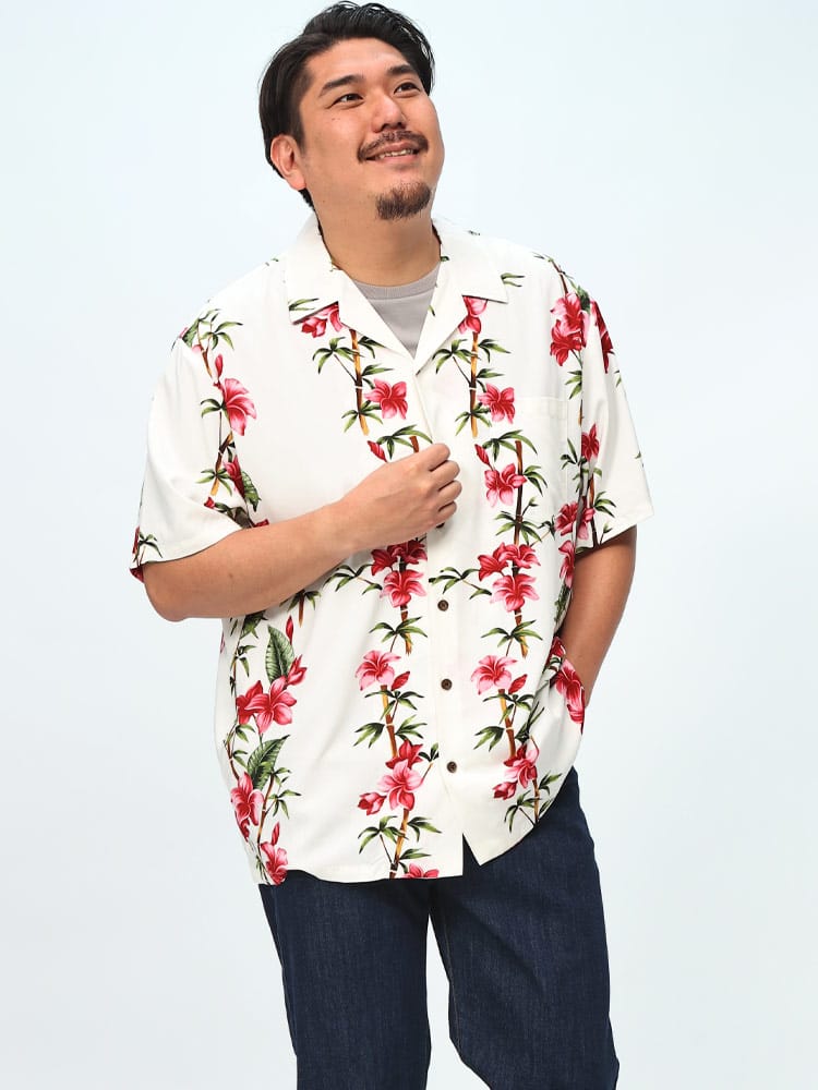アロハシャツ MADE IN HAWAII レーヨン100％ プルメリア柄 オープン 