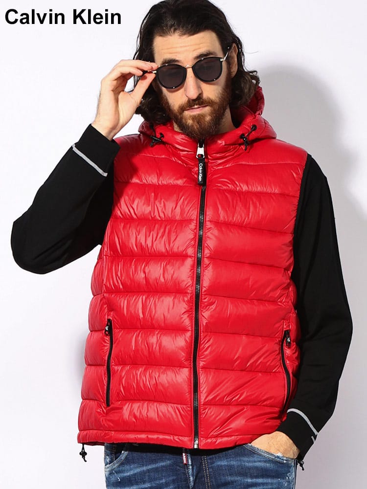 Calvin Klein (カルバンクライン) ナイロン ロゴ入りジッパー フード付 ダウンベスト CKCM255202SHW4 メンズ