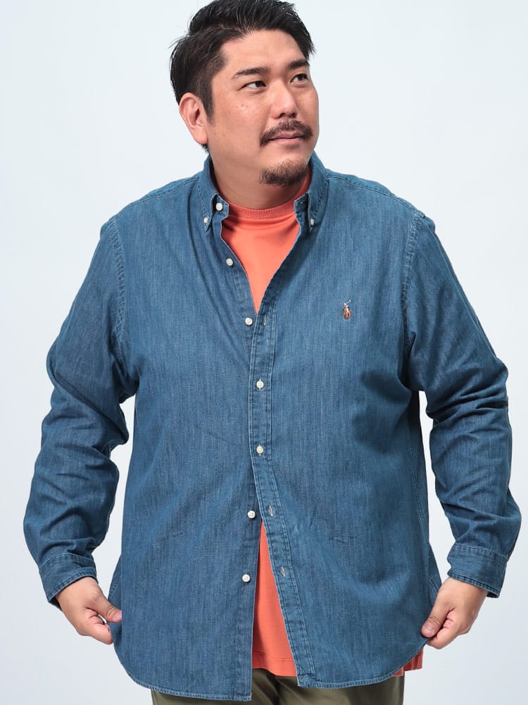 長袖 デニムシャツ 胸刺繍ボタンダウン  CLASSICFIT トップス シャツ コットン 刺しゅう 大きいサイズ メンズ