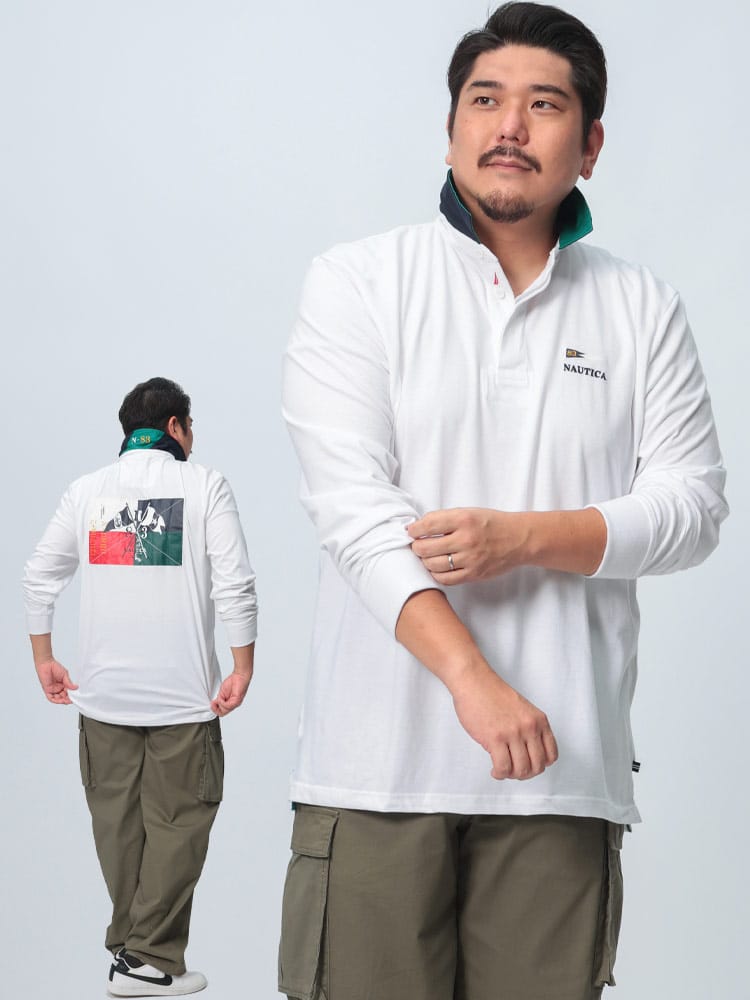 長袖 ポロシャツ バックデザイン 襟切り替え トップス プリント 大きいサイズ メンズ