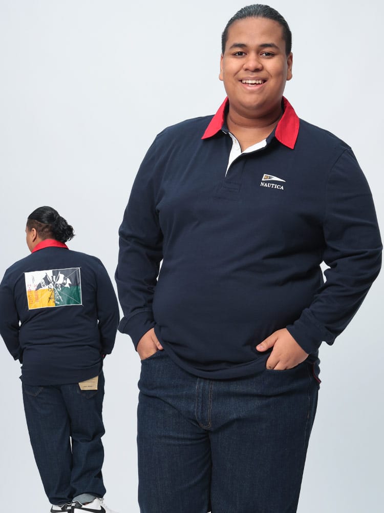 長袖 ポロシャツ バックデザイン 襟切り替え トップス プリント 大きいサイズ メンズ