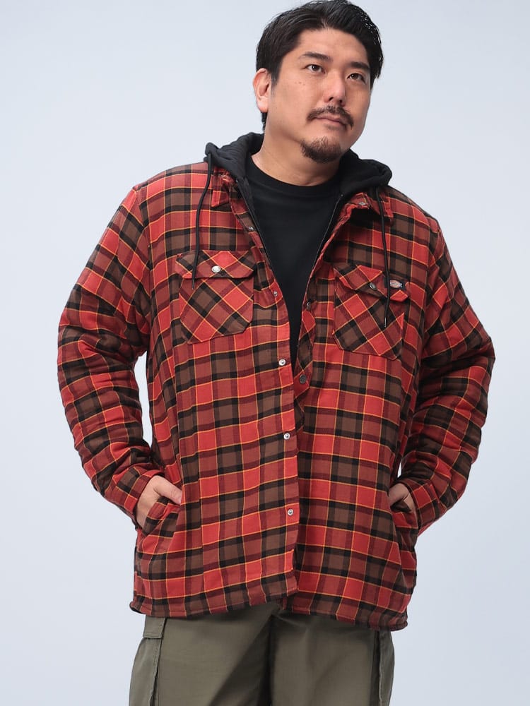 ブルゾン 中綿ジャケット 撥水 チェック柄 フード付き レイヤード風 アウター シャツジャケット 羽織 大きいサイズ メンズ